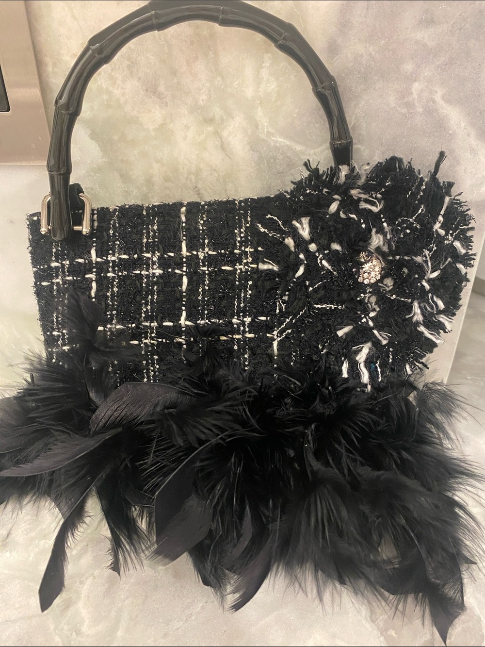 Black Tweed Mini Bag with Feather Trim and Floral Appliqué